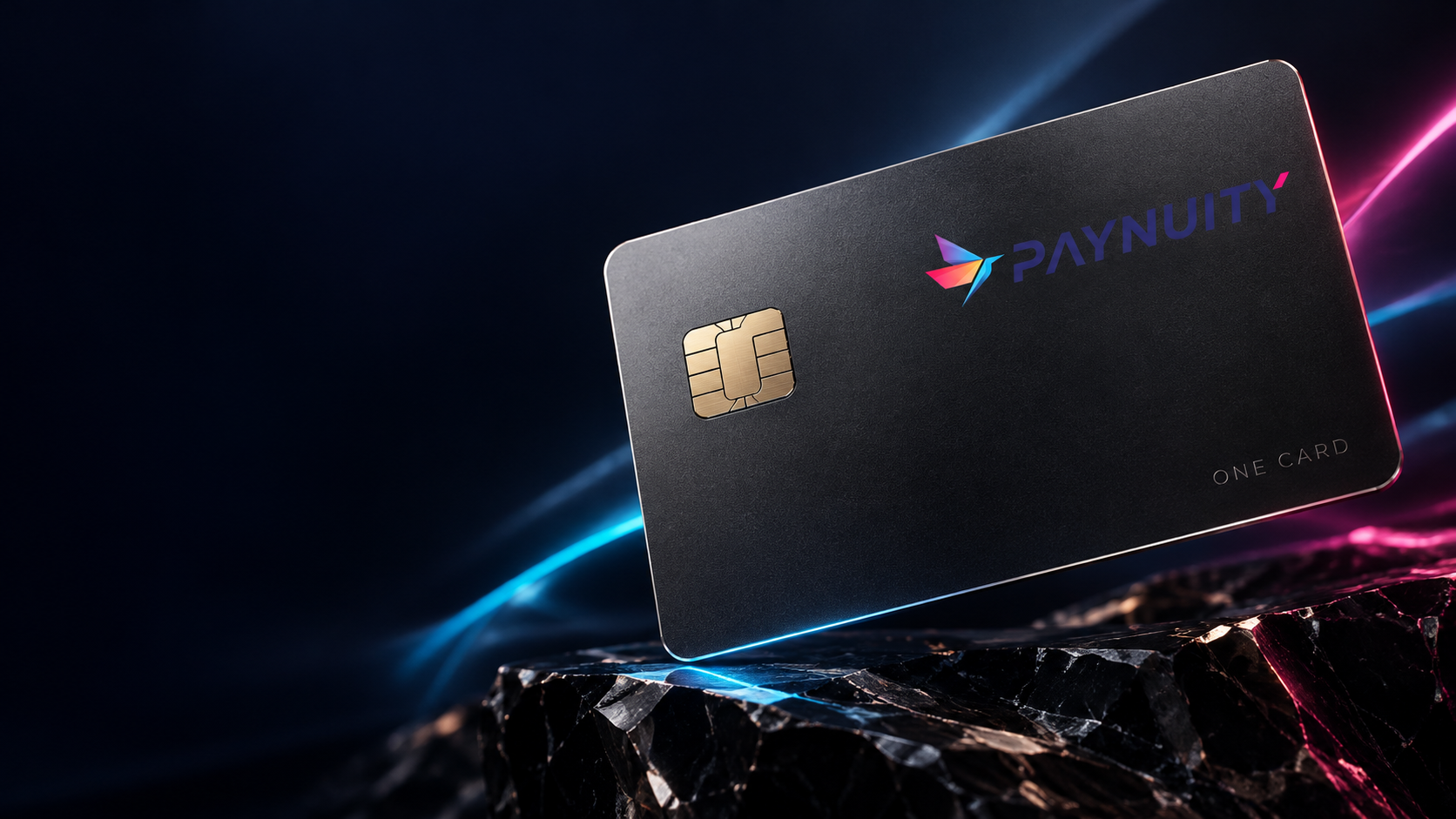 Paynuity One Card concept in graphite metal with cyan and magenta edge lighting