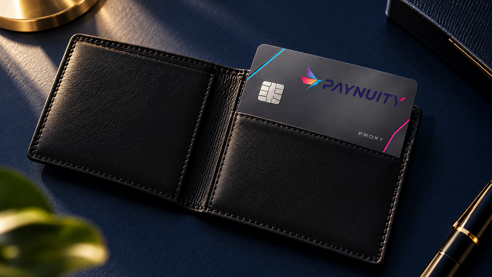 One Paynuity Proxy concept card in a minimal black leather wallet