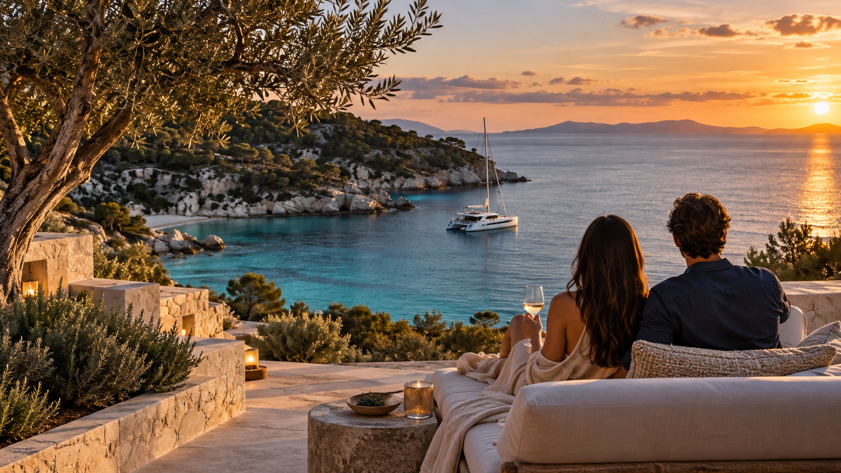 A couple enjoying a coastal terrace at sunset with a sailing catamaran in the bay